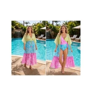 NWT BLEU Rod Beattie tropical floral one piece swimsuit & cover up set woman 2X
